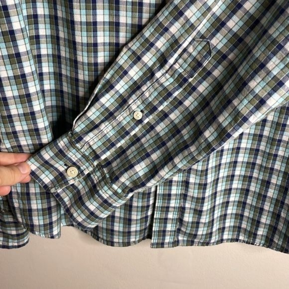 Fossil 54 Size L Aqua Charcoal White Plaid Lightweight Casual Button Down - Picture 6 of 7